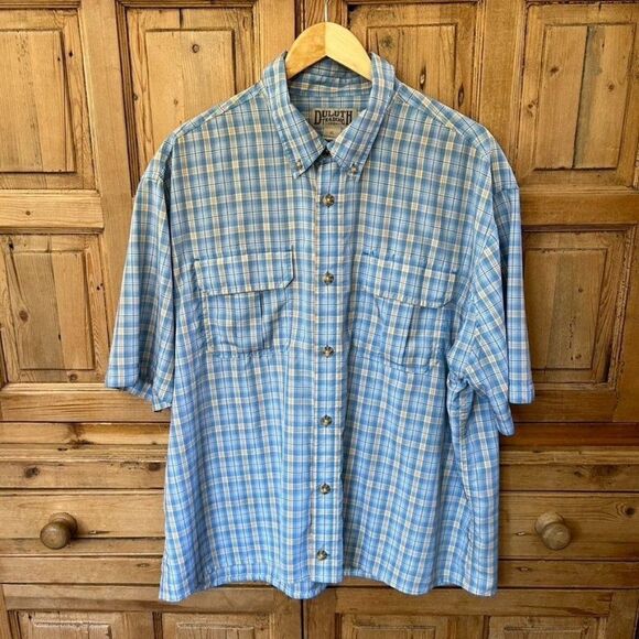 Duluth Trading Company XL Blue Plaid Short‎ Sleeve Button Front Shirt Collared - Picture 1 of 10